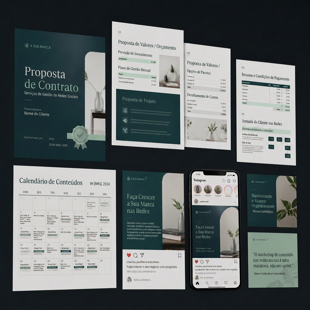 Templates editáveis de propostas, contratos, orçamentos e calendários de conteúdos