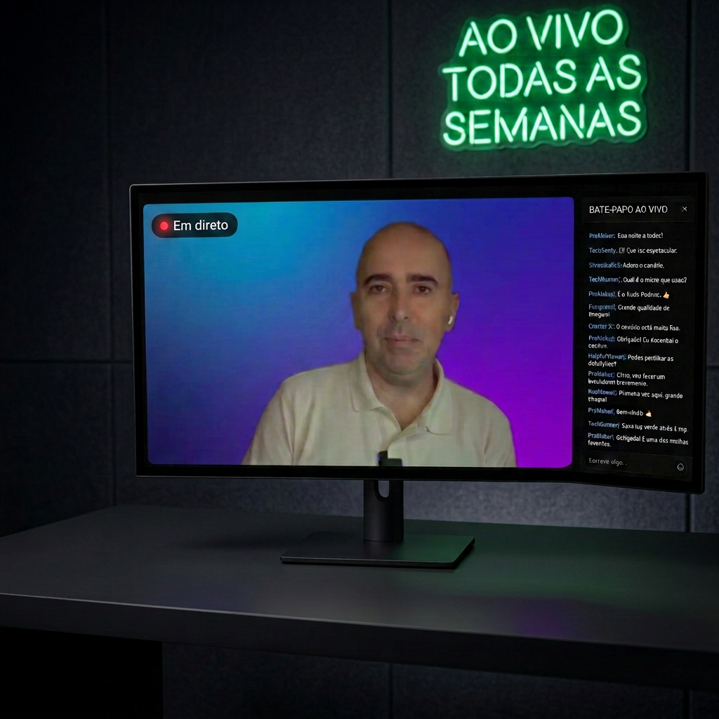 Estúdio de live streaming com câmara e luzes